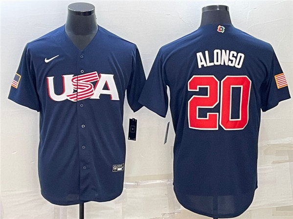 Men's USA Baseball #20 Pete Alonso 2023 Navy World Baseball Classic Stitched Jersey